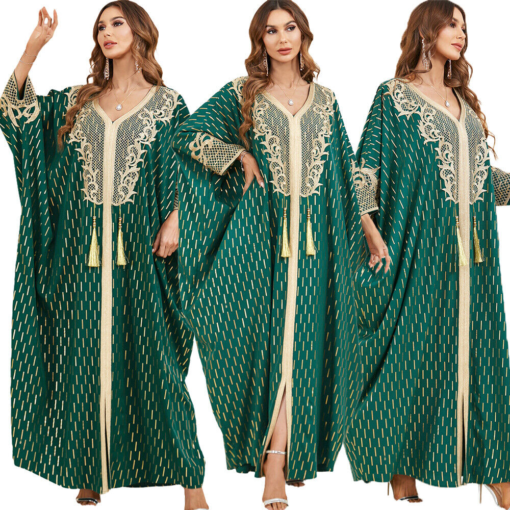 Batwing Sleeve Abaya Dress for Women Chic Lace Applique Tape Trim Gold Stamping Arab Turkey Muslim Robe Tassel Corban