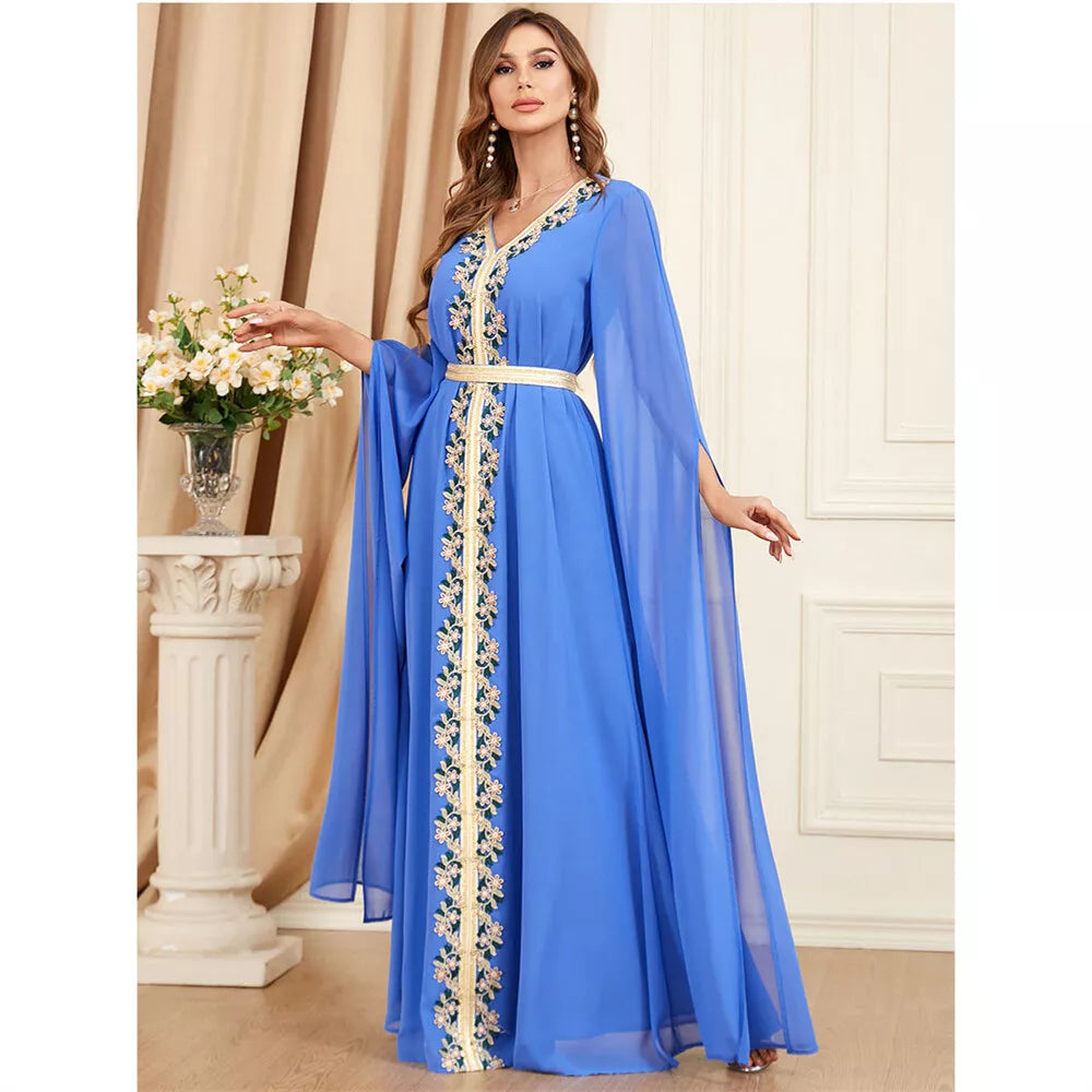 Muslim Dress 2023 Dubai Caftan Women Basic Solid Lace Tape Super Full Sleeves V-Neck Sashes Moroccan Islam Abaya