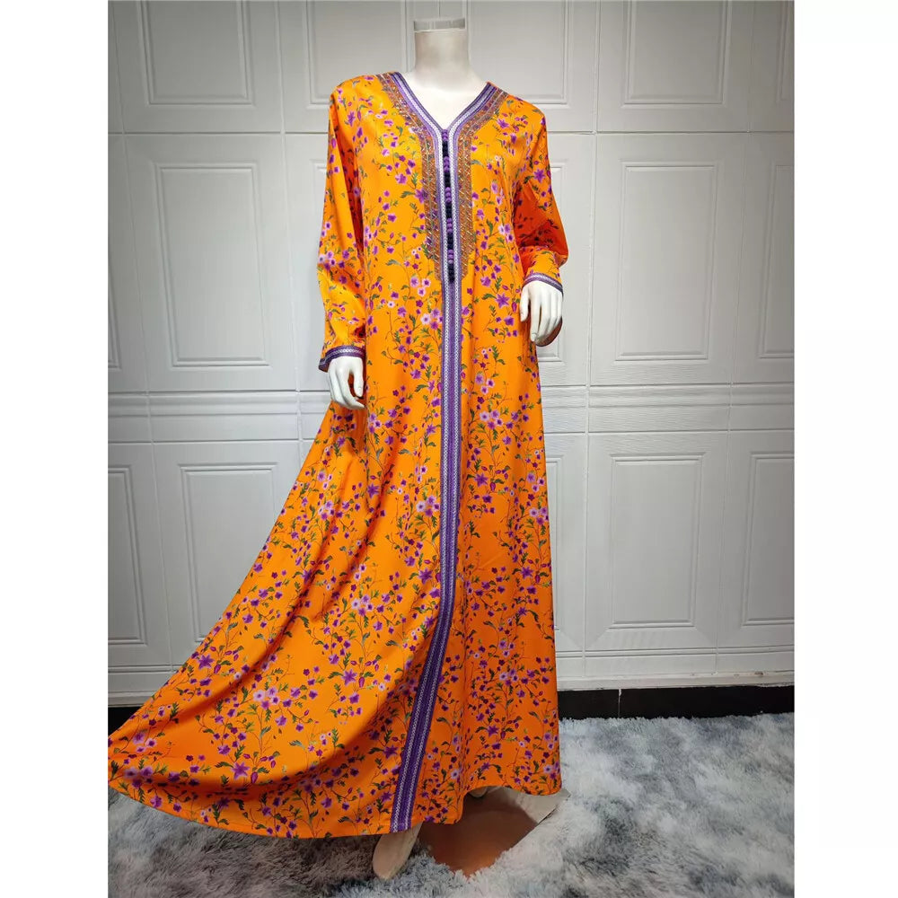 Kaftan Dubai Luxury Diamonds V-Neck Lace Tape Maxi Dress Chic Elegant Floral Print Muslim Turkish Party Evening Robe Clothing