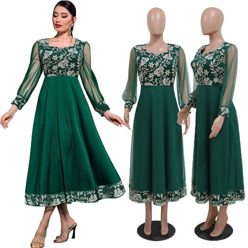 Arab Dubai Fashion Floral Embroidery Mesh Hollow Out Long Sleeve Evening Party Gown African Turkish Gulf Women Kaftan