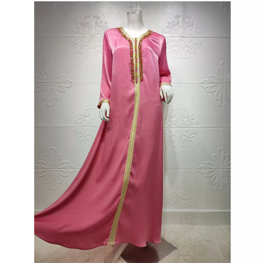 Ramadan Eid Pink Maxi Dress For Women Modest Muslim Turkey Arabic Dubai Diamond Ribbon V Neck Long Sleeve Jalabiya 2021