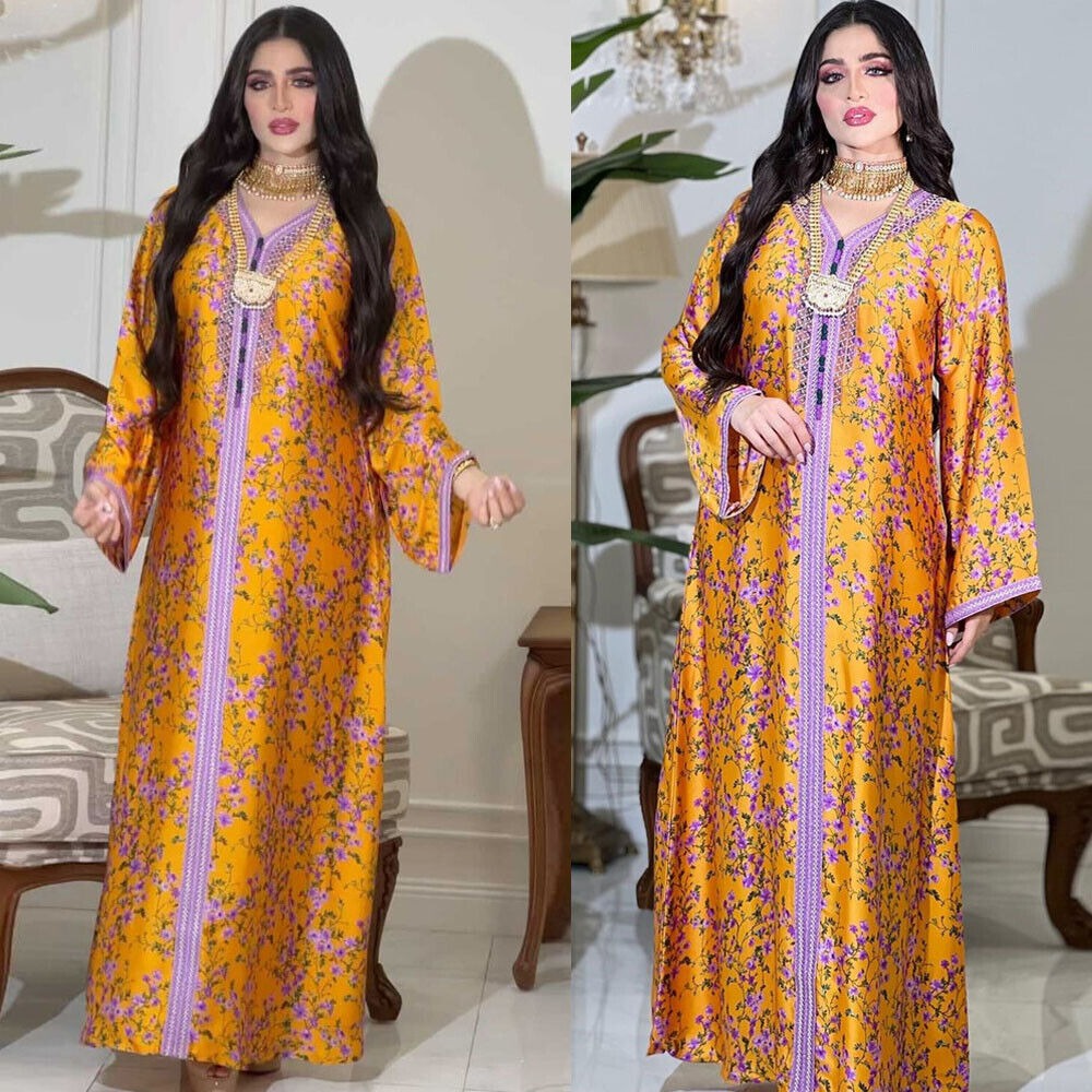 Kaftan Dubai Luxury Diamonds V-Neck Lace Tape Maxi Dress Chic Elegant Floral Print Muslim Turkish Party Evening Robe Clothing