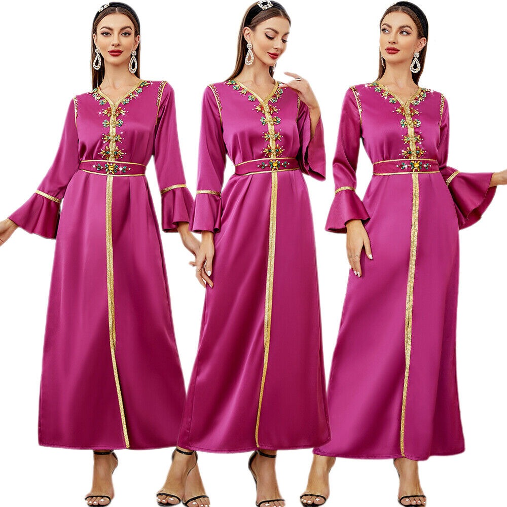 Moroccan Fashion Ethnic Diamonds Tape Trim V-Neck Ruffles Sleeve Belted Clothing Muslim Elegant Women Evening Dress