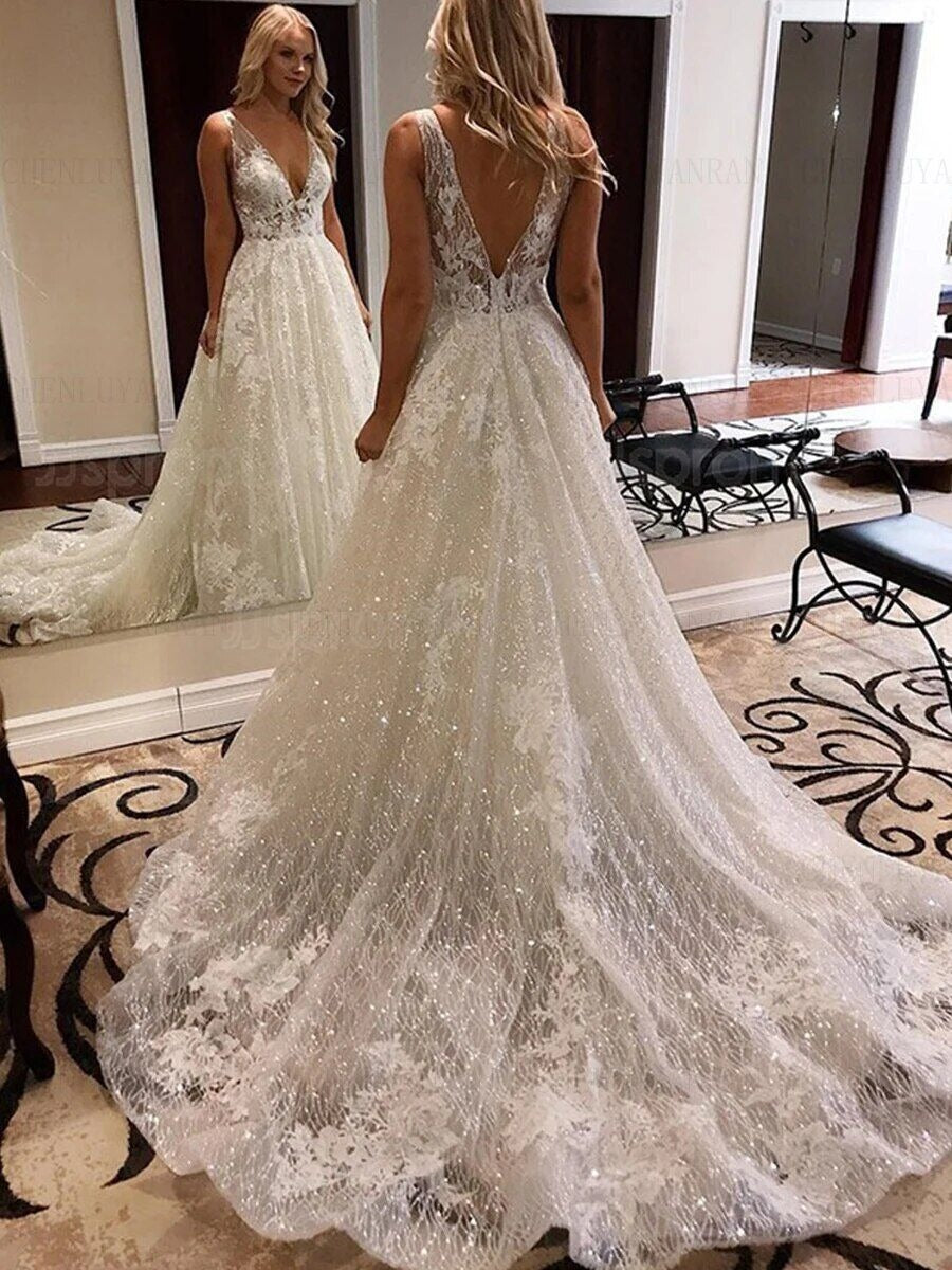 LORIE Ivory Lace Glitter Wedding Dresses Shiny Tulle Beach Bridal Dresses Boho Elegant Wedding Party Gowns Open Back Long Train