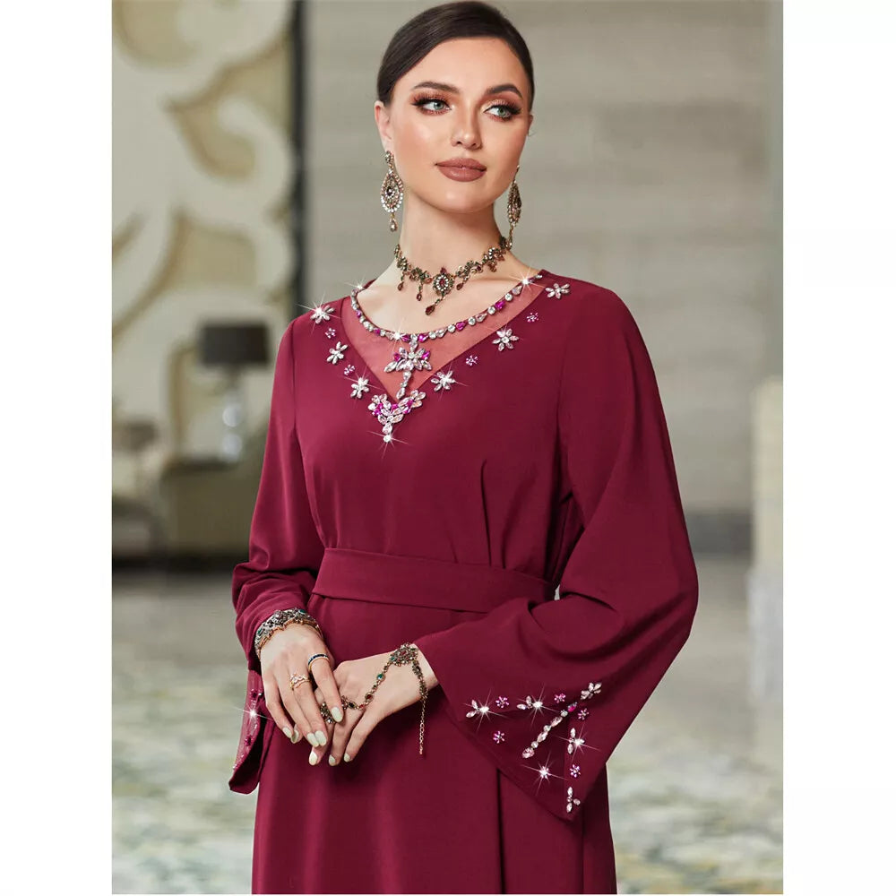 Pure Handwork Rhinestone Red Long Dress For Muslim Women Chic Hollow Out Full Sleeve Belted Dubai Moroccan Robe