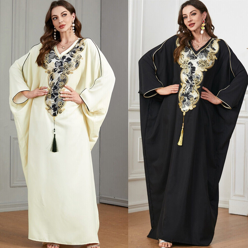 Dubai Turkish Casual Loose Solid Batwing Sleeve V Collar Floral Embroidery And Tassel Abaya Arab African Women Caftan