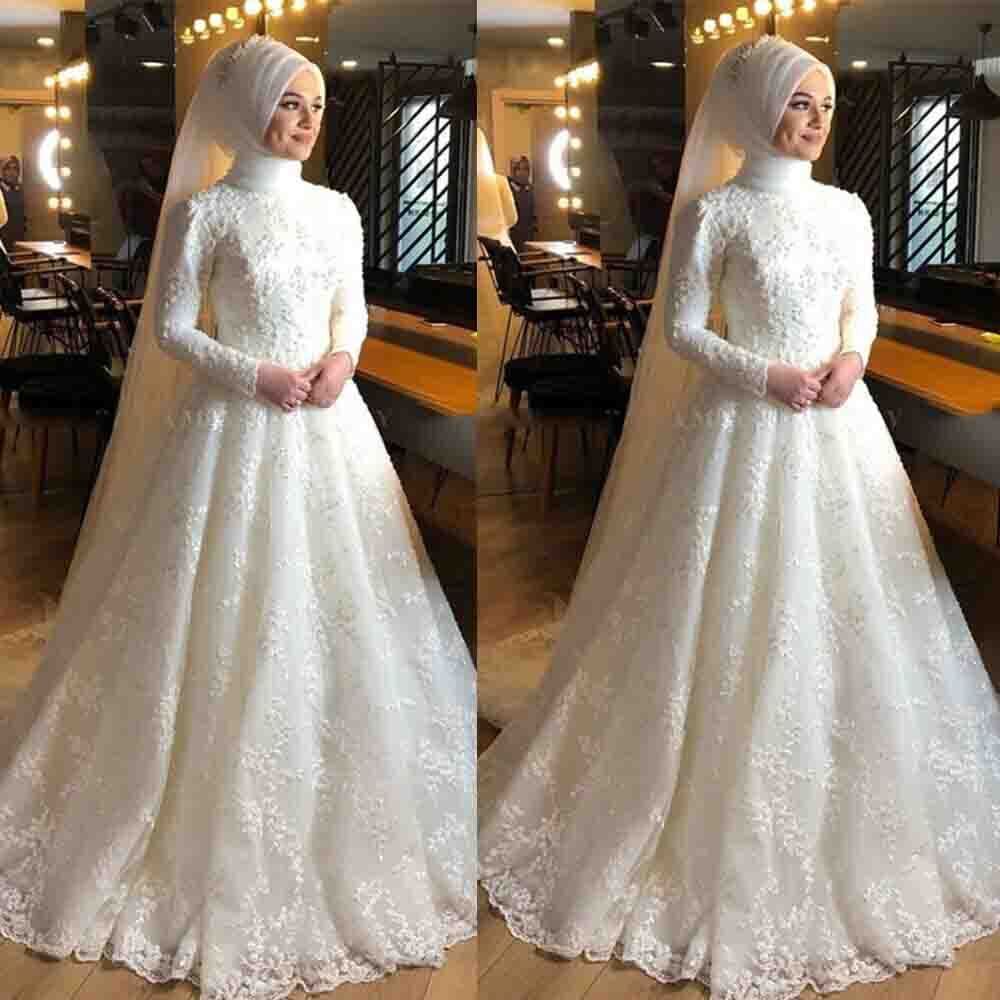 Graceful Long Sleeves Muslim Wedding Dress High Neck Lace Bridal Bride Gown Islamic Hijab Arabic Dubai Kaftan Vestidos De Novia