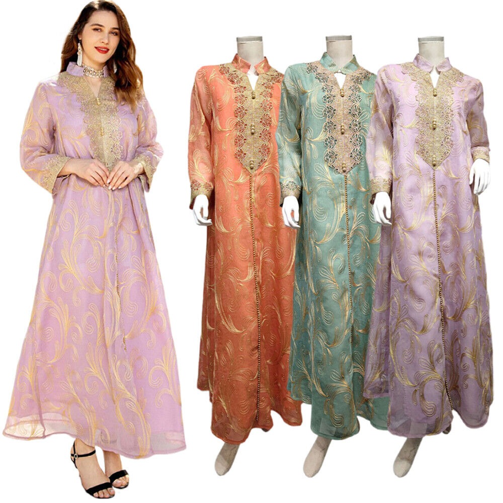 Arab Floral Embroidery Long Sleeve Lace Tape Notched V-Neck Casual Abaya Moroccan Caftan For Women Djellaba Dubai Dress