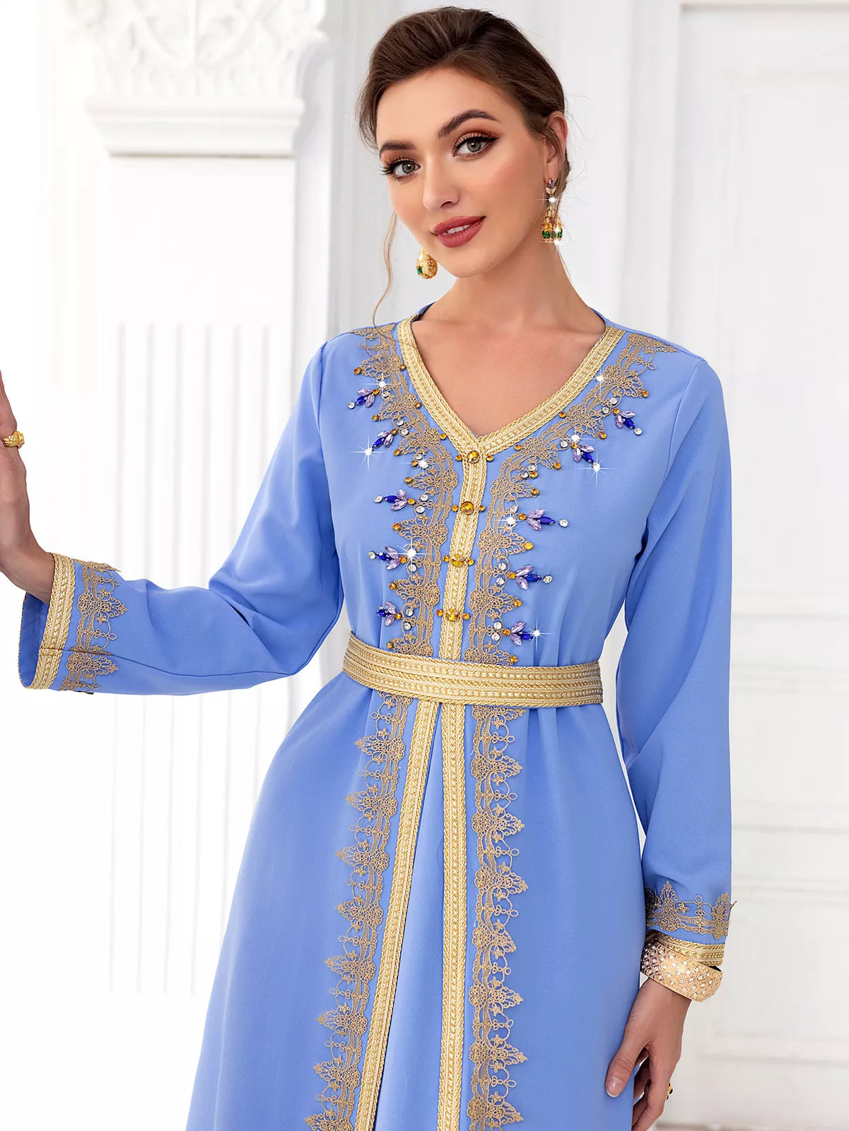 Chic Diamonds Moroccan Kaftan For Women 2 Piece Suit Solid Tape Trim Full Sleeve V-Neck Sashes Elegant Dubai Long Dress