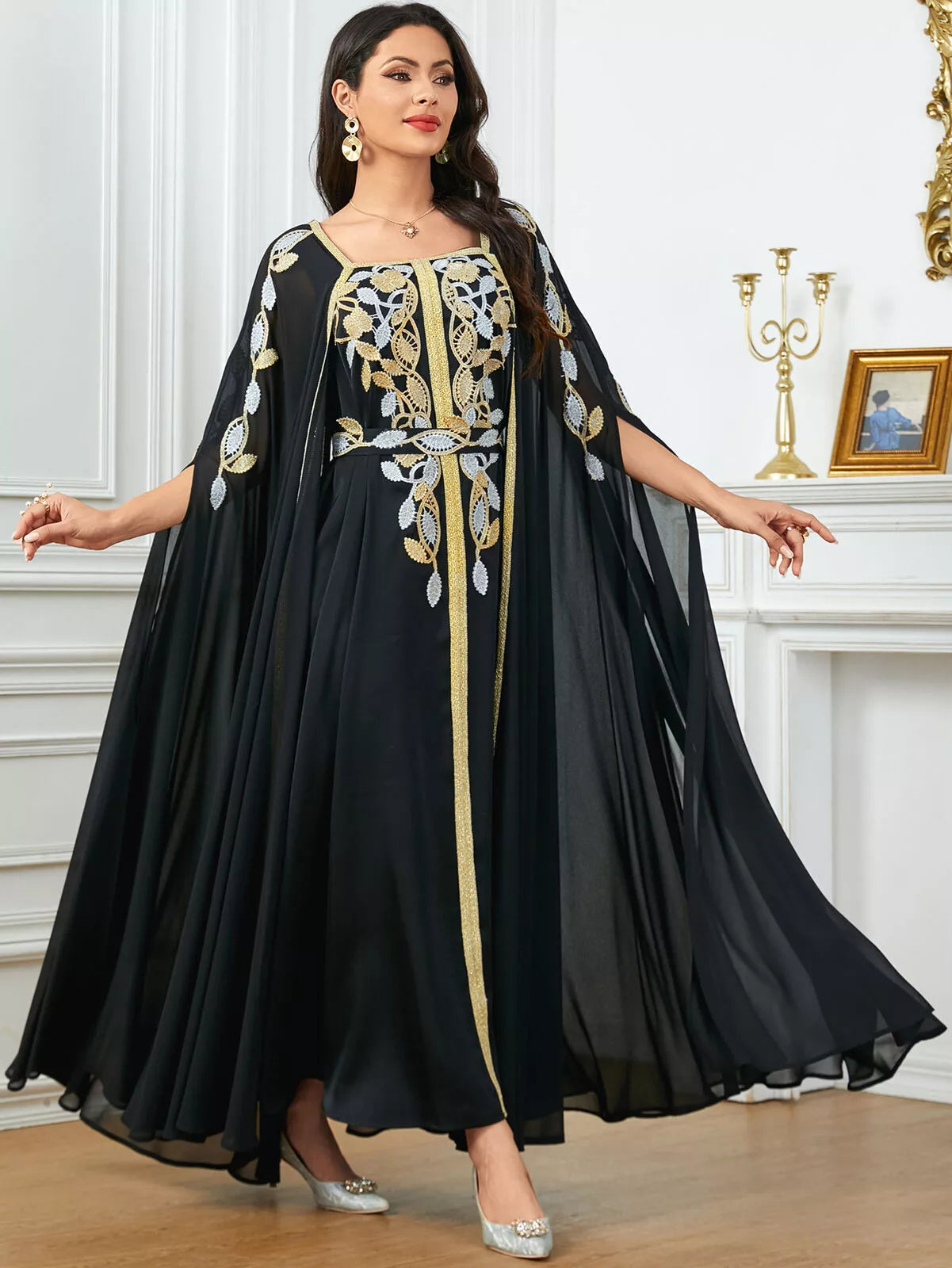 Elegant Casual Super Long Sleeve Party Gown Moroccan Saudi Appliques Belted Dresses Turkish African Abayas Arab Kaftan