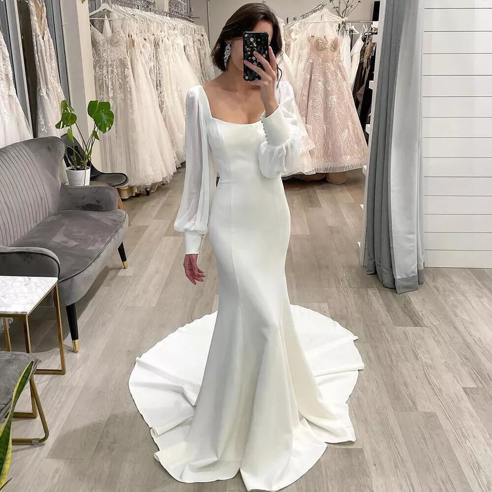 Simple Mermaid Wedding Dresses Woman Zipper Long Sleeves Square Neck Bride Gowns Long Bridal Gowns Custom Vestido De Novia Beige 14W