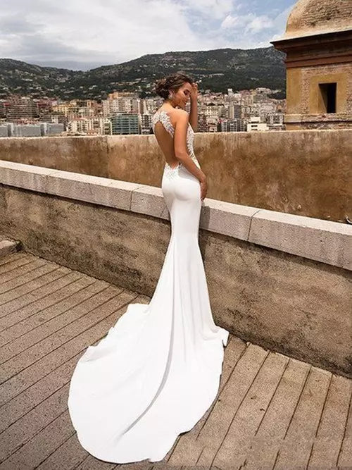 Vintage Wedding Dresses Classic Bridal Gowns Lace Appliques Satin Sheath Mermaid Sleeveless Backless Robes Vestidos De Novia