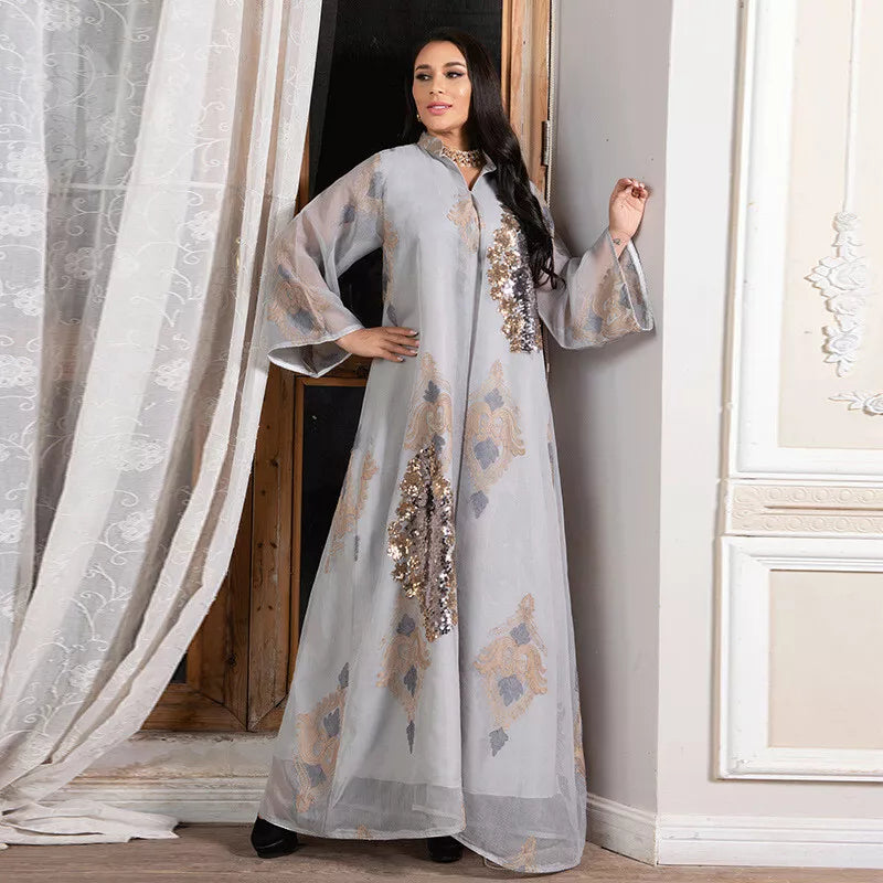 Dubai Fashion Mesh Sequins Embroidery Evening Party Gown Jalabiyat Saudi Arab Casual Robe African Women Caftan Clothing