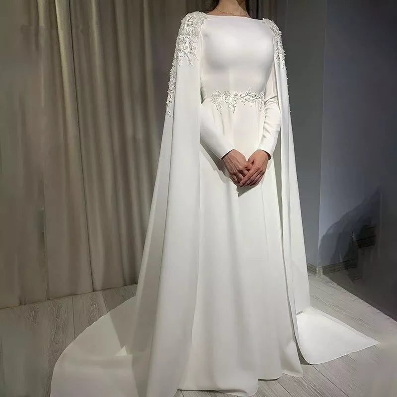 Muslim Bride Wedding Dresses with Wrap Boat Neck Floor Length Appliques Beading Satin Bridal Gowns vestidos de novia boda civil