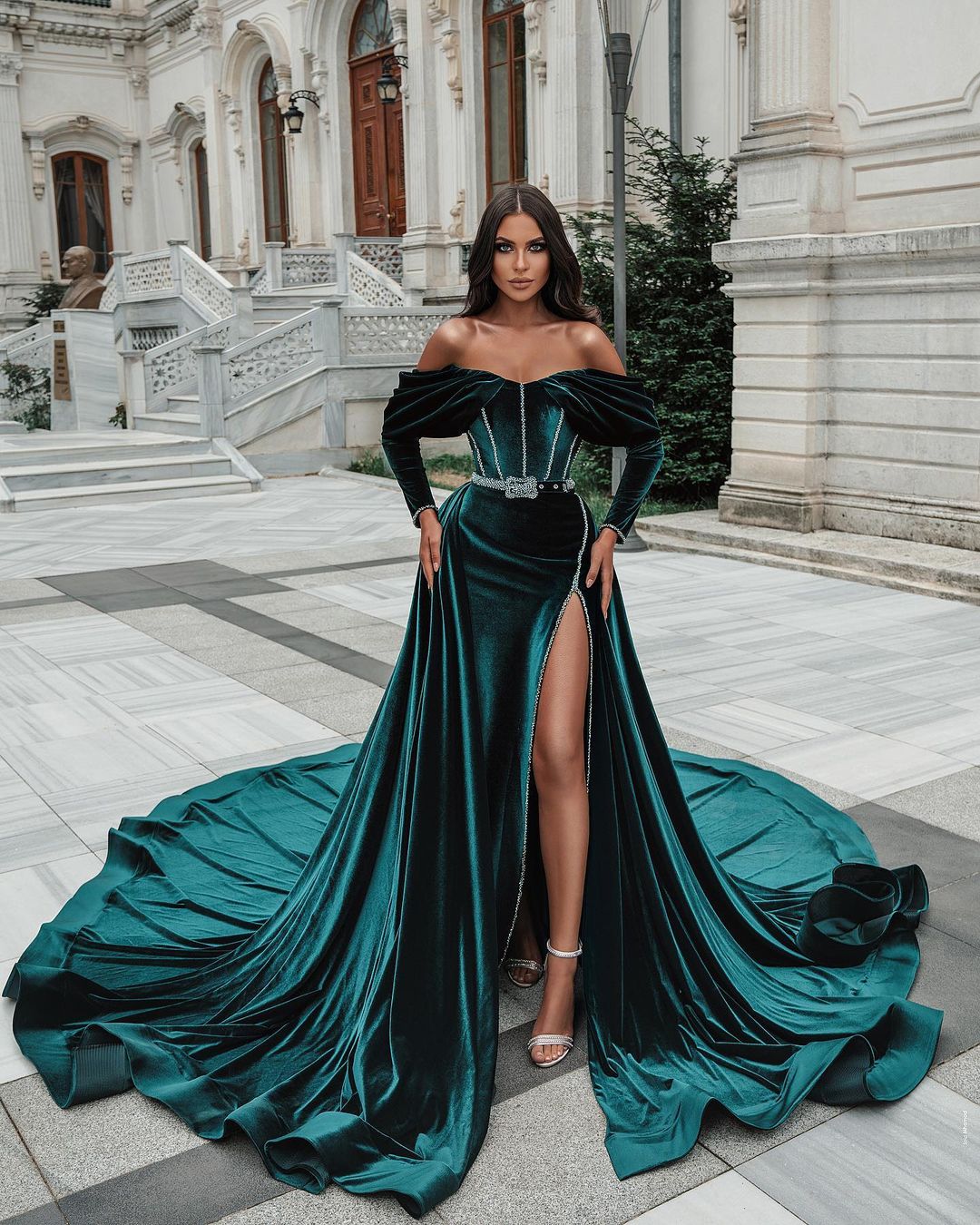 Green Velvet Long Sleeve Mermaid Morocco Caftan Evening Dress Side Split Outfit Prom Dresses With Detachable Train