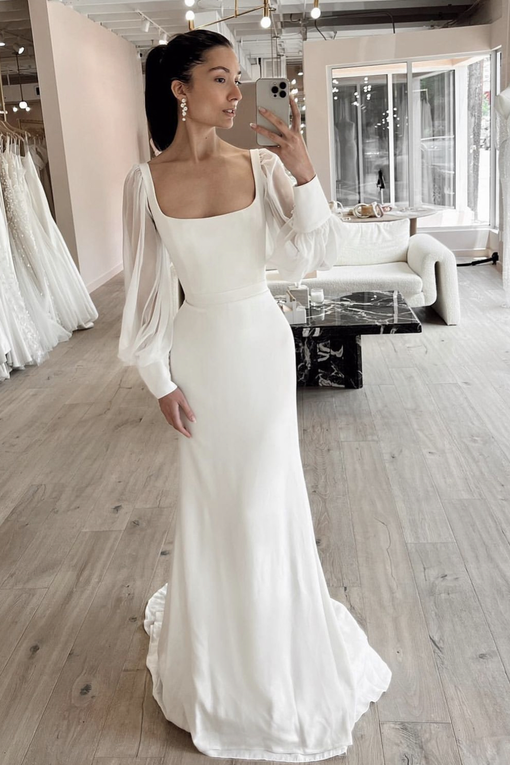 Simple Mermaid Wedding Dresses Woman Zipper Long Sleeves Square Neck Bride Gowns Long Bridal Gowns Custom Vestido De Novia