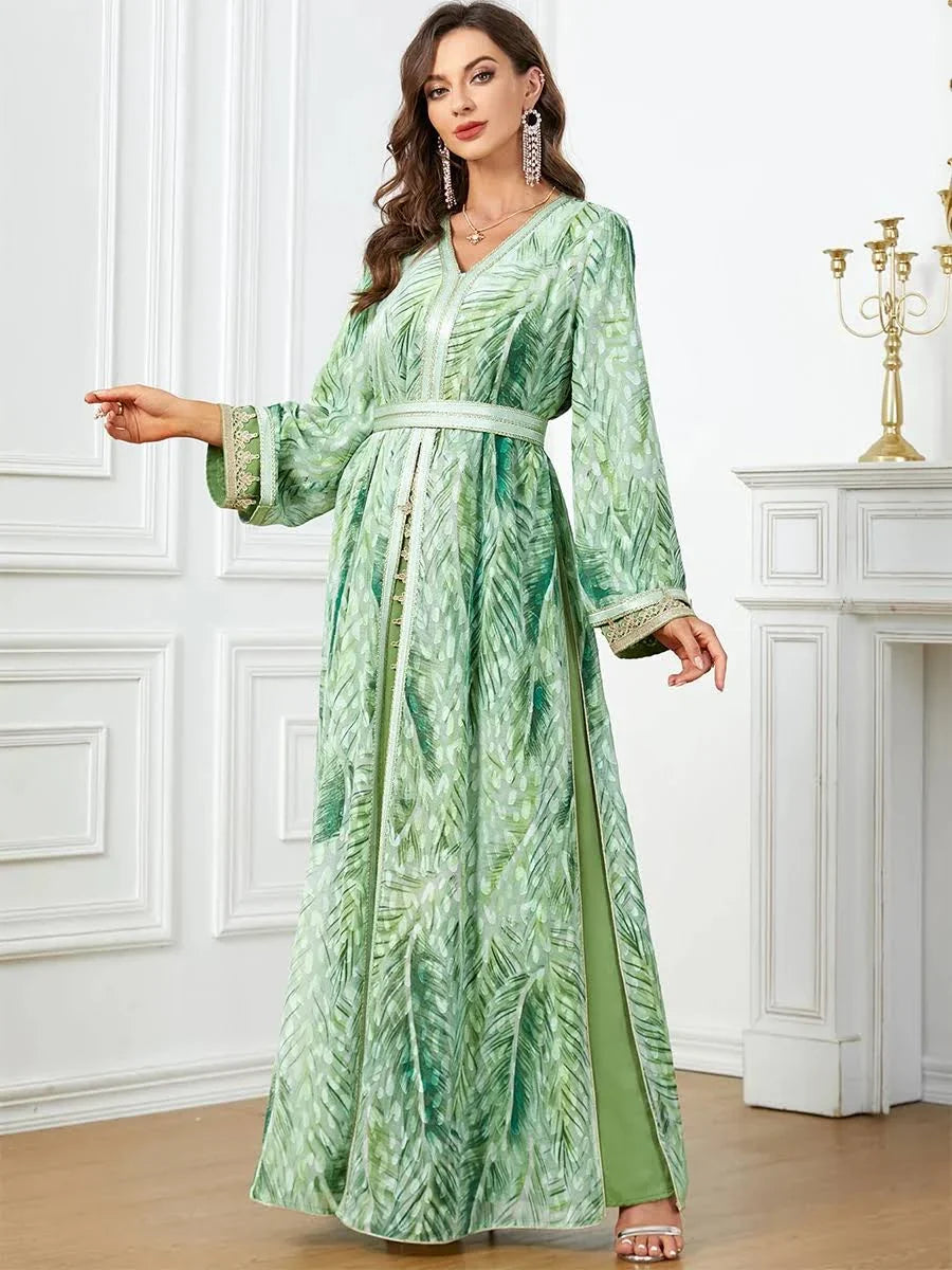 Moroccan Dress Kaftan 2 Piece Abaya Set Evening Robe Printing Full Sleeve V-Neck Islamic Caftan Ramadan Muslim Clothing