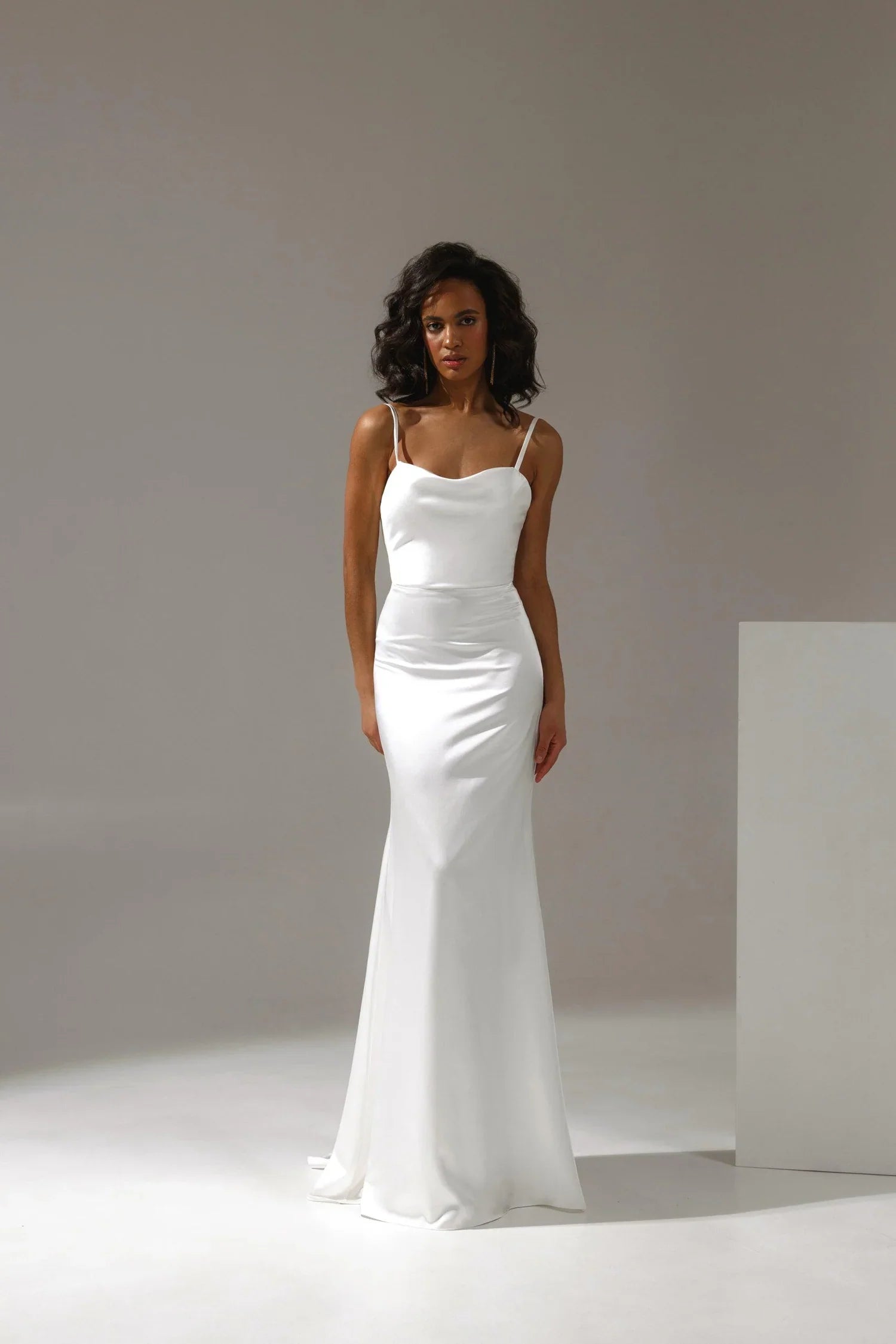 Satin Wedding Dress Sheath Silhouette Spaghetti Straps Square Neckline Natural Waist