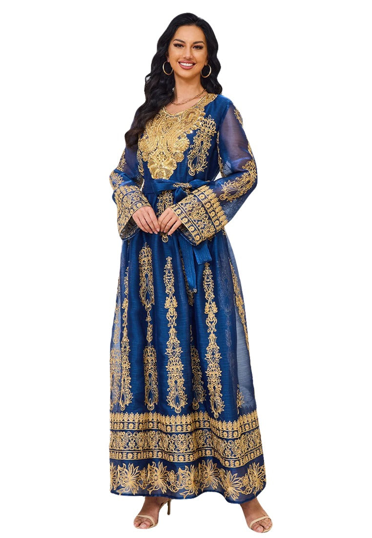 Blue Fashion Sequins Embroidery Muslim Woman Oriental Dress With Sashes Moroccan Turkish Women Elegant Party Gown