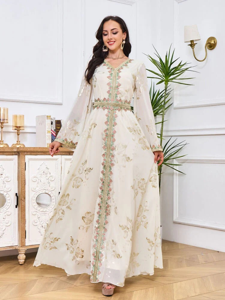 Fashion White Printing Turkish Long Dress Female Tape Trim Full Sleeve V-Neck Belted Clothing Abayas For Muslim Women