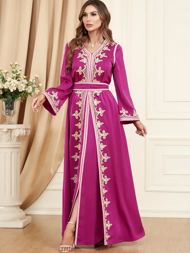 Ethnic Kuwaiti Women's Jalabiyat Abaya For Uae Dubai Female Solid Embroidery Belted Robe Ramadan Musulmane Caftan Dress