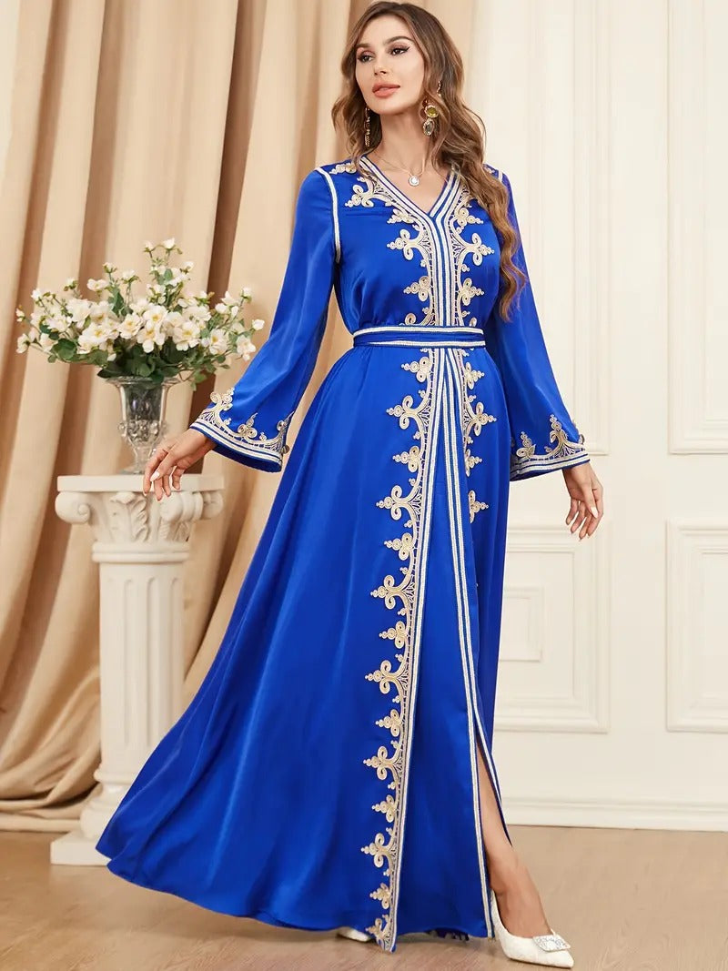 Ethnic Kuwaiti Women's Jalabiyat Abaya For Uae Dubai Female Solid Embroidery Belted Robe Ramadan Musulmane Caftan Dress