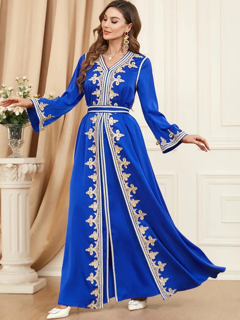 Ethnic Kuwaiti Women's Jalabiyat Abaya For Uae Dubai Female Solid Embroidery Belted Robe Ramadan Musulmane Caftan Dress