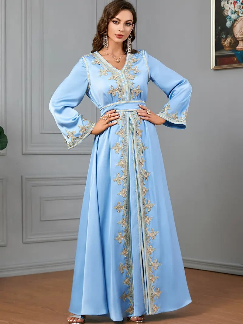 Ethnic Kuwaiti Women's Jalabiyat Abaya For Uae Dubai Female Solid Embroidery Belted Robe Ramadan Musulmane Caftan Dress