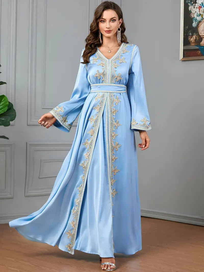 Ethnic Kuwaiti Women's Jalabiyat Abaya For Uae Dubai Female Solid Embroidery Belted Robe Ramadan Musulmane Caftan Dress