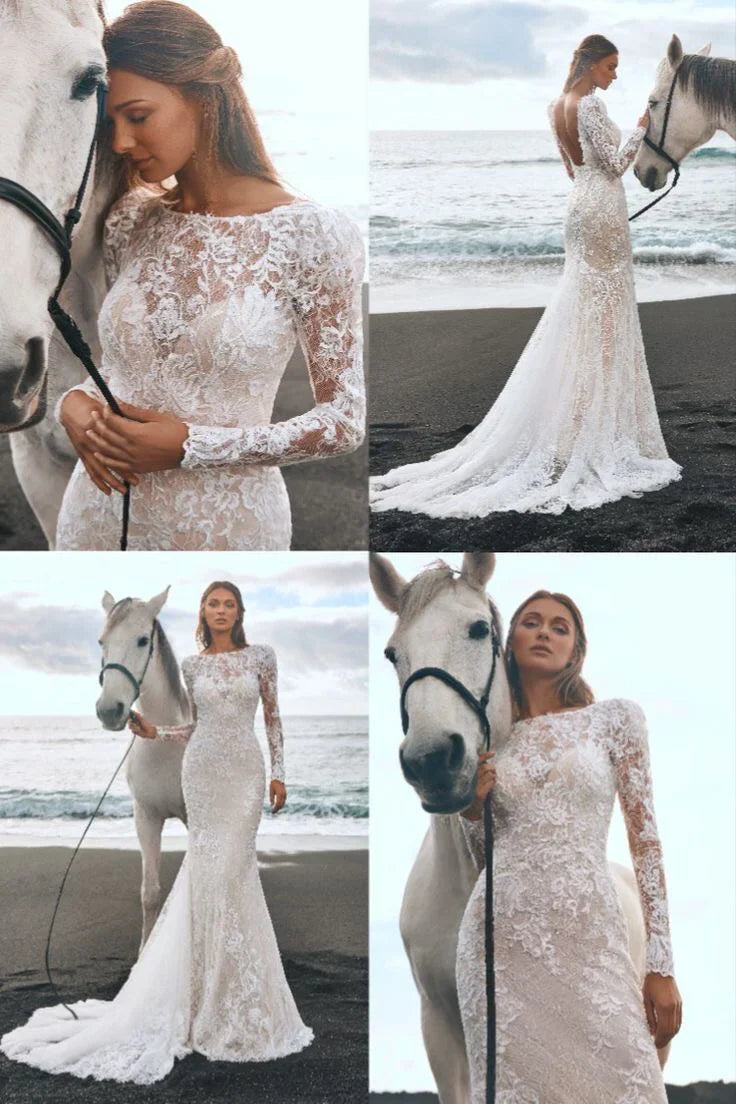 Sexy Lace Bodycon Mermaid Wedding Dresses Backless Long Sleeves Elegant Boho Bridal Gowns Custom Color robe de mariée